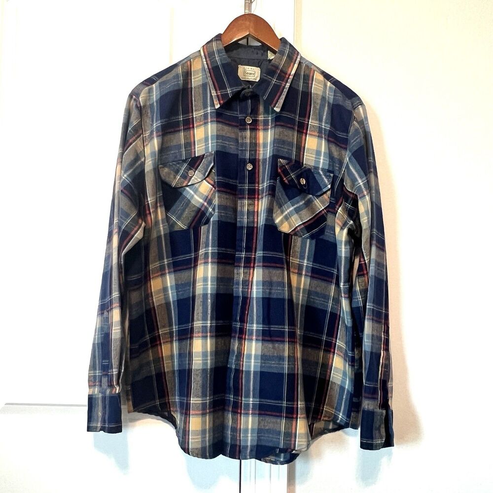 Vintage Sears Plaid Flannel Shirt Mens Large Vtg Flap Pocket Outdoor Workwear